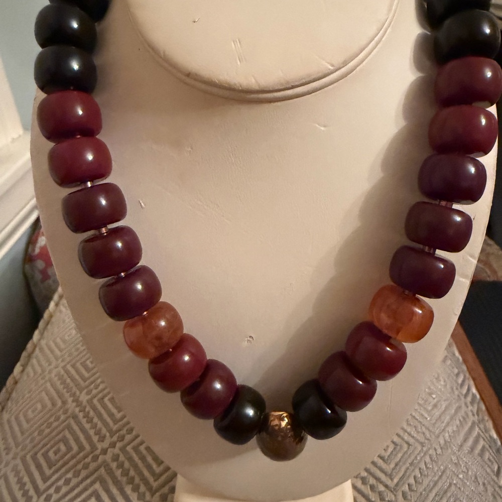 Multicolor Beaded Necklace Brown, Amber, Black LBeads W/ Shell Boho Vibe
